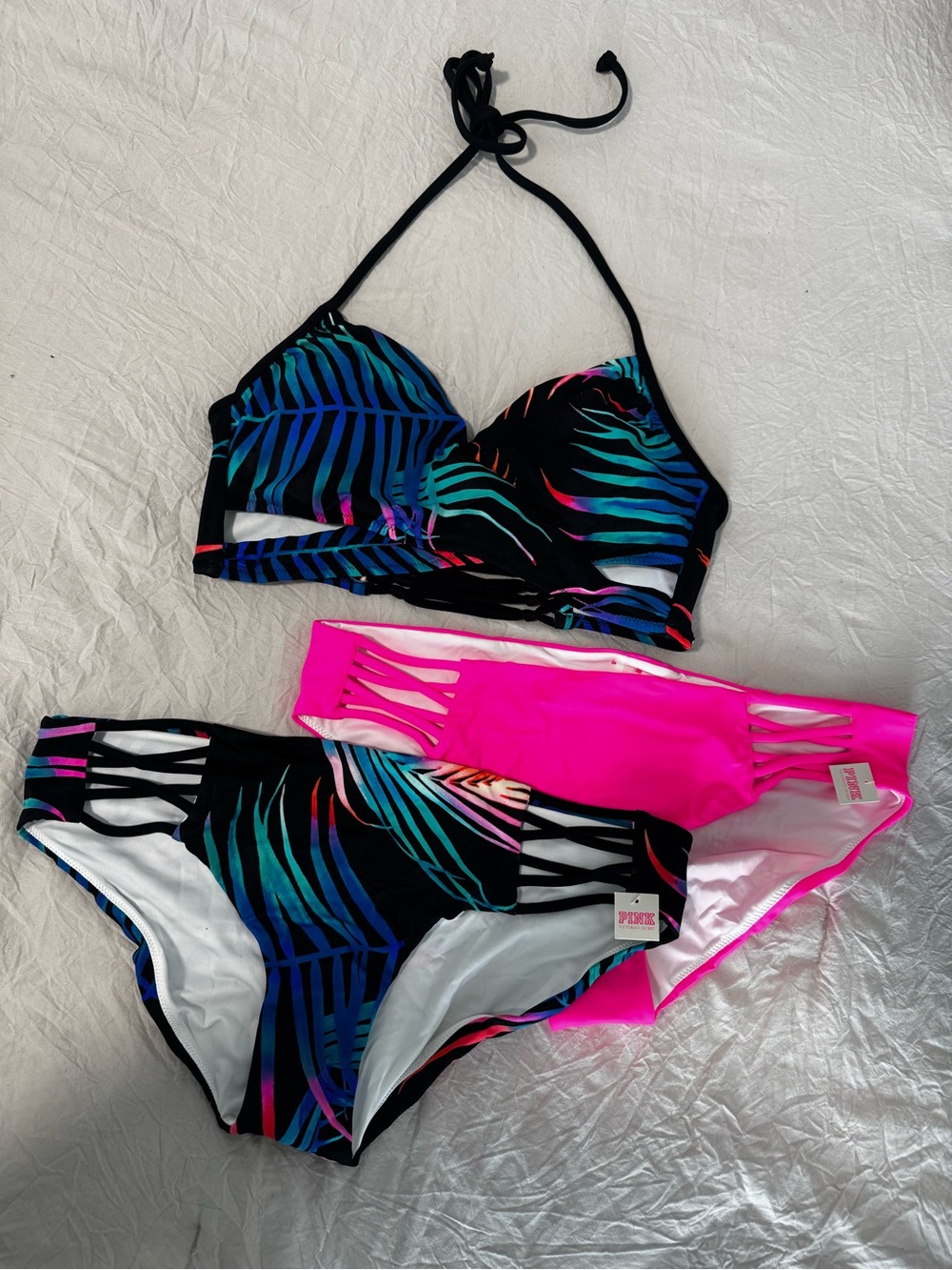 Victoria's Secret Black Bikini with Multicolor Tropical Leaf Print